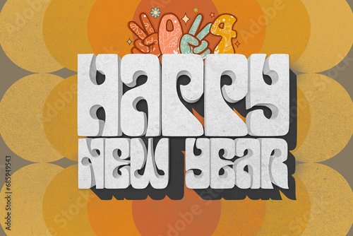 Groovy 2024 Happy New Year hand sign Vintage 3d text and comic background, distressed design

 (ID: 685949543)