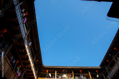 Picture Inside of the square roof Tulou, Fujian, China.