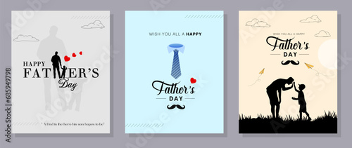 Happy Father's Day with dad and children silhouettes. Vector greeting card with a nice message of Father's Day. 
