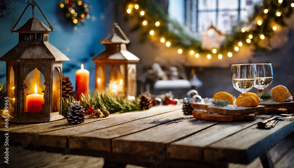 christmas table decoration, Cozy and welcoming scene with an empty wooden table awaiting holiday delights, the background adorned with the joyful elements of Christmas,, welcoming Christmas table