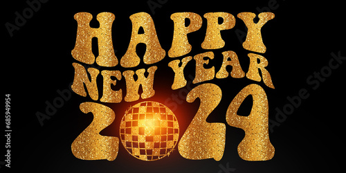 Groovy 2024 Happy New Year Golden glitter text and shiny orange lighting
 (ID: 685949954)