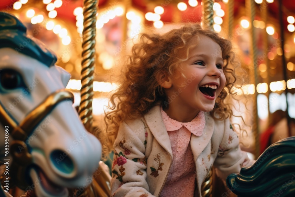 A little girl is laughing on a carousel. Generative AI.