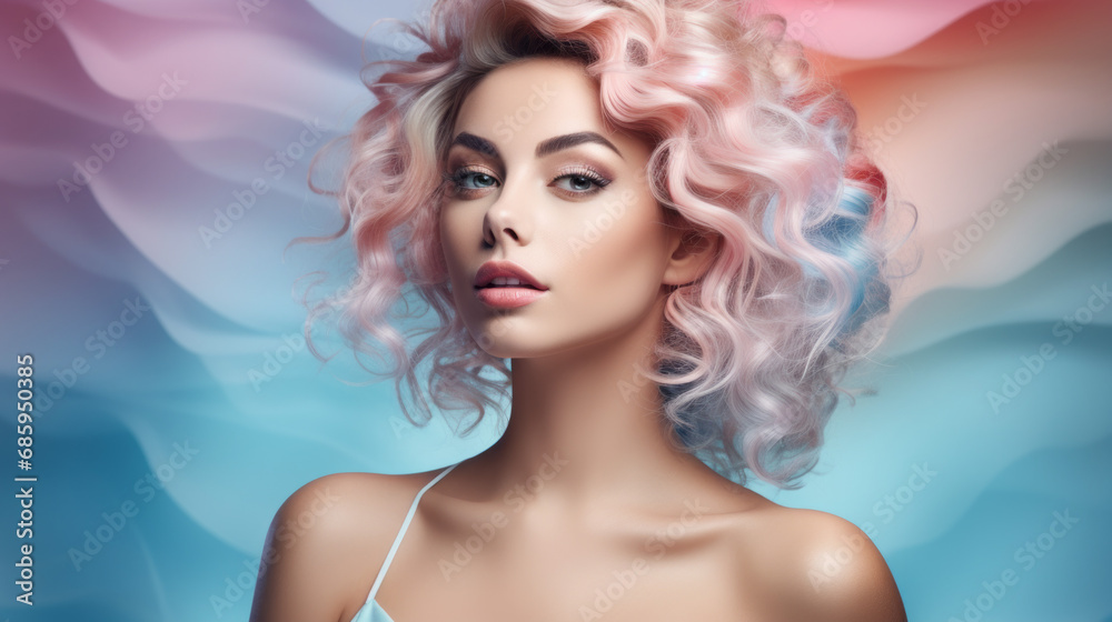 Young beautiful Caucasian girl with an curly vibrant colors hairstyle. Portrait. Pink, light blue background. Young beautiful Caucasian girl with an curly vibrant colors hairstyle. Portrait. Pink, light blue background.