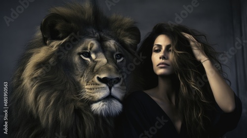 A woman is posing with a lion. Generative AI.