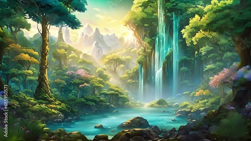 Nestled within depths lush, verdant forest, cerulean cascading crystals reign supreme, their shimmering waters flowing down like symphony sapphires. sets, crystals emit 2d animation photo