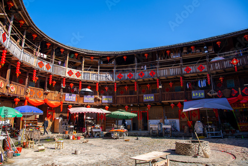 Close up on The round roof of the buildings inside Fujian earthen buildings