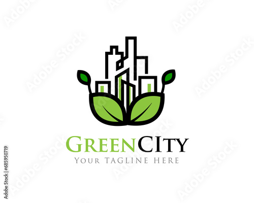 green eco leaf city building logo icon symbol design template illustration inspiration