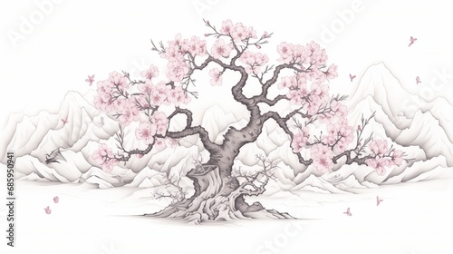 Classic painting of a cherry blossom tree, isolated on white. Elegant depiction of sakura flowers, capturing the timeless beauty of nature in a serene and artistic composition.