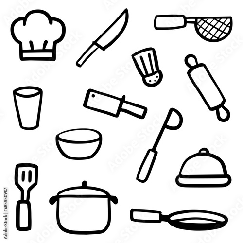 Fototapeta Naklejka Na Ścianę i Meble -  Doodle abstract of chef icon, Thin Line art Set Include of tools cooking in Vector illustration