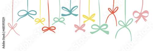 Hanging Doodle Bow Set. Color Ribbon collection. Cute graphic elements. Christmas, new year, birthday celebration design. Kids cozy hand drawn cartoon vector illustration isolated on white background