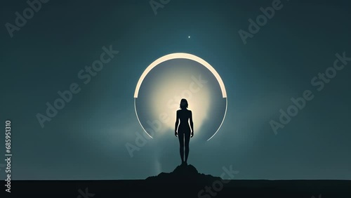 Minimal flat motion of a persons silhouette with a halo above their head, conveying the feeling of being elevated and revered through recognition. 2D cartoon animation. . photo