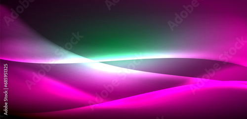 Dynamic waves in ethereal glow of neon lights. Concept merges fluidity of motion with vibrant allure of neon, crafting entrancing backdrop that embodies both vitality and futuristic sophistication