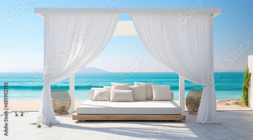 Outdoor bed in front of the ocean with white curtains. © Goojournoon