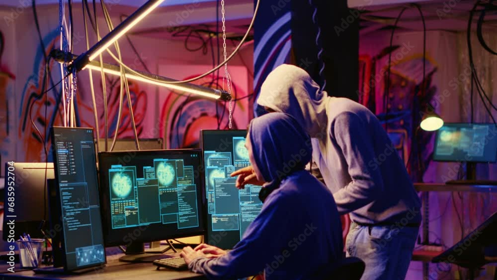 Hackers in neon lit room writing lines of code on computer, having burst of joy after successfully get past security systems with their virus. Scammers happy after finishing working hacking script