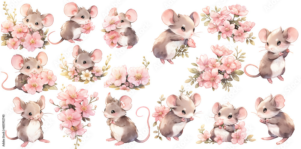 Mice with flower watercolor illustration clipart. Generative AI - obrazy, fototapety, plakaty 