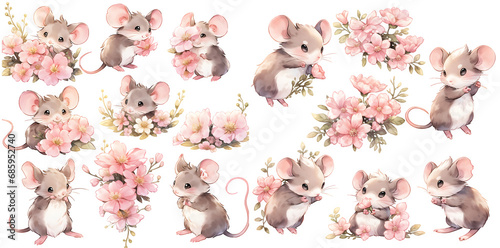 Mice with flower watercolor illustration clipart. Generative AI photo