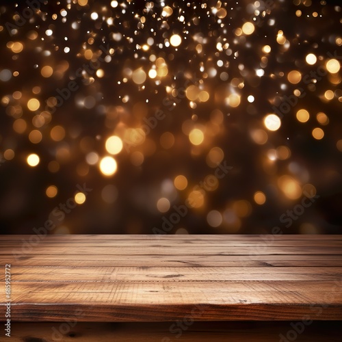 Christmas background with empty wooden table and snowflakes
