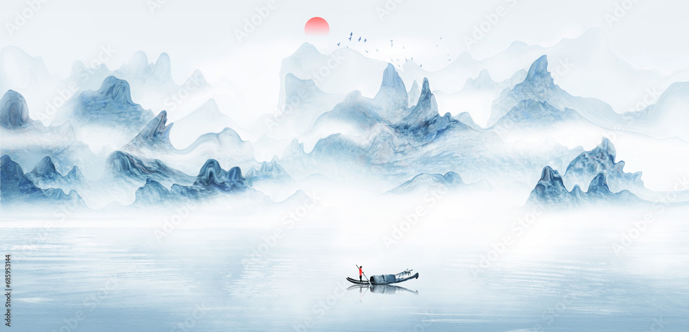 Hand drawn Chinese style blue ink landscape painting  - obrazy, fototapety, plakaty 