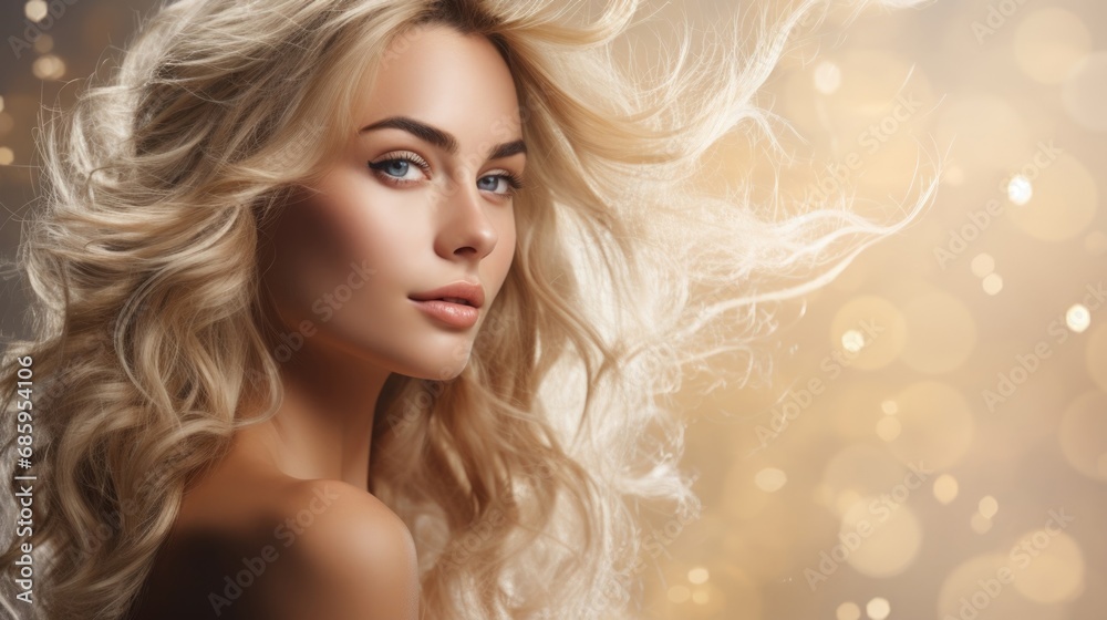 A blonde woman with long, curly hair on a sparkling background, embodying a festive concept for an enchanting advertisement.