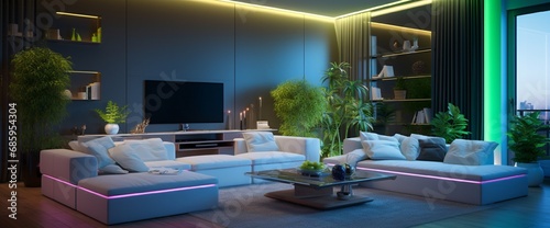 Interior of stylish living room with neon lighting © Faheem
