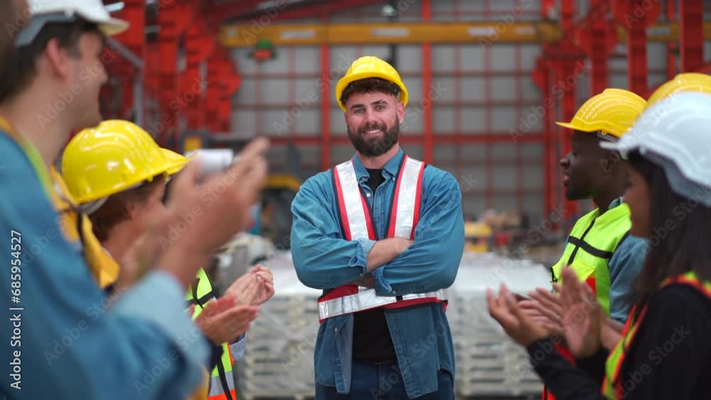 Group of factory worker celebrating and clapping hands for their colleague who got a promotion to manager.