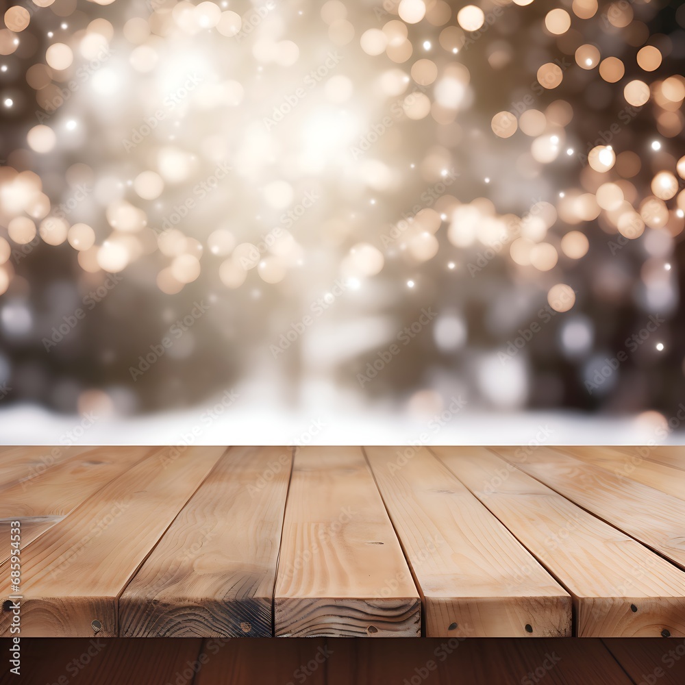 Empty old wooden table with Christmas background 
