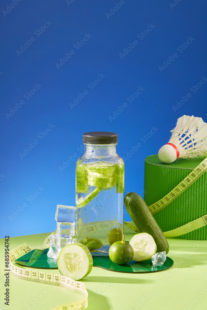 Front view of detox water bottle decorated with kumquats and cucumber