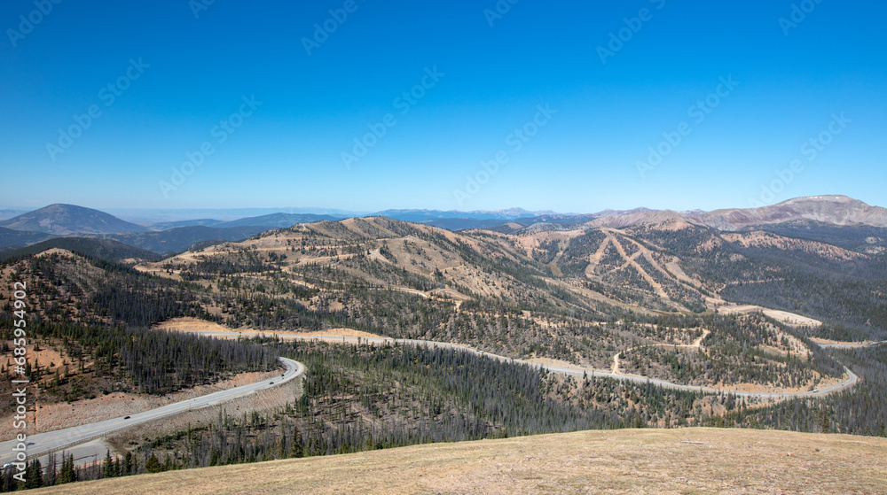 View of Highway 50 from the top of Monarch Pass mountain top after riding tramway in the Rocky Mountains near Gunnison Colorado United States