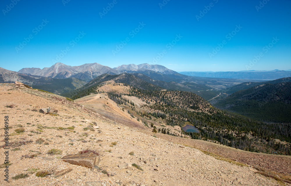 Panoramic view of the continental divide in the Rocky Mountains from the peak of Monarch Pass after riding tramway in the Rocky Mountains near Poncha Springs Colorado United States