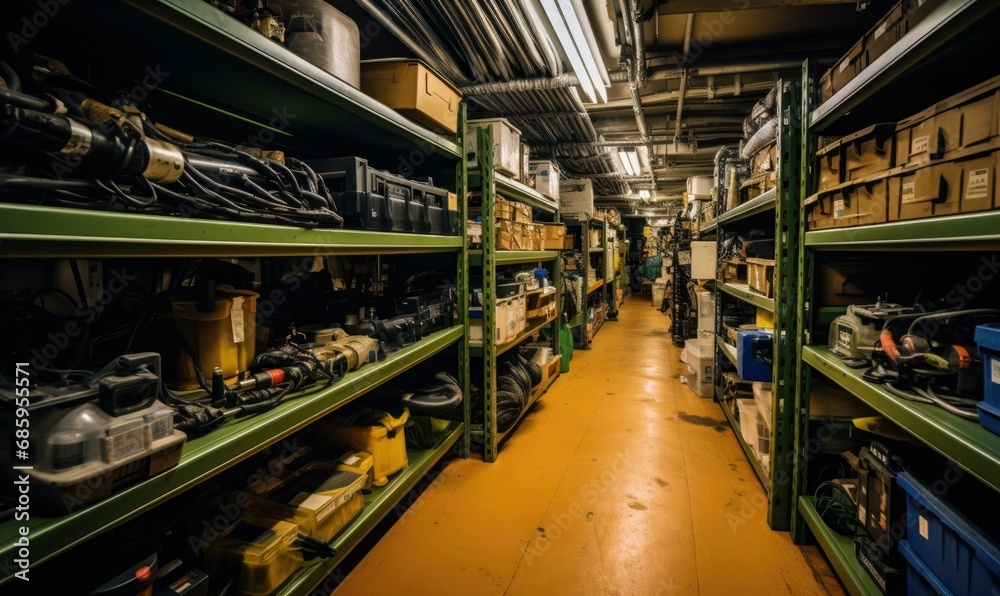 A well-stocked storage room filled with various engine parts and maintenance supplies for a cruise ship's engine care and repair needs. Generative AI.