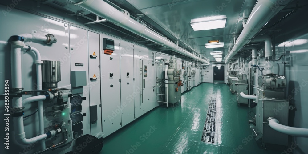 A cold, buzzing refrigeration room on a big oceanic ship, filled with compressors and cooling units. Generative AI.