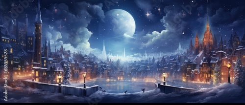 Enchanting medieval village in winter with full moon. Fantasy setting.