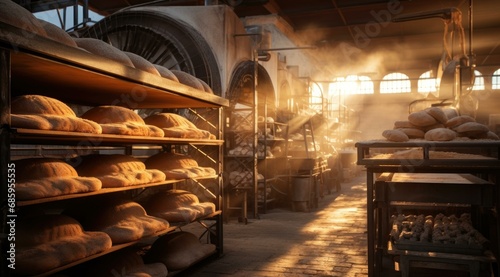 A bustling industrial bakery with bakers shaping dough, racks of fresh bread, and the inviting aroma of baked goods. Generative AI.