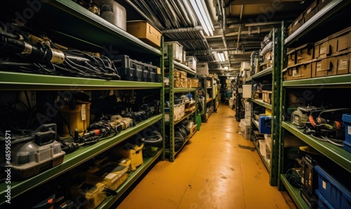 A well-stocked storage room filled with various engine parts and maintenance supplies for a cruise ship's engine care and repair needs. Generative AI.