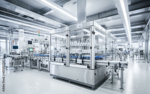 An advanced pharmaceutical factory with robotic systems precisely filling, capping, and labeling medicine bottles. High-tech automation ensures sterile, efficient production. Generative AI.