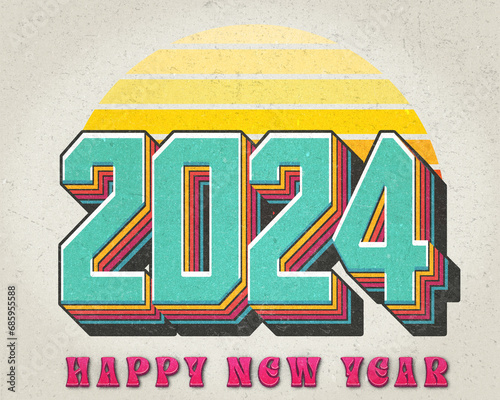 2024 Happy New Year 3d Vintage colorful text and retro sunset, distressed design
 (ID: 685955588)