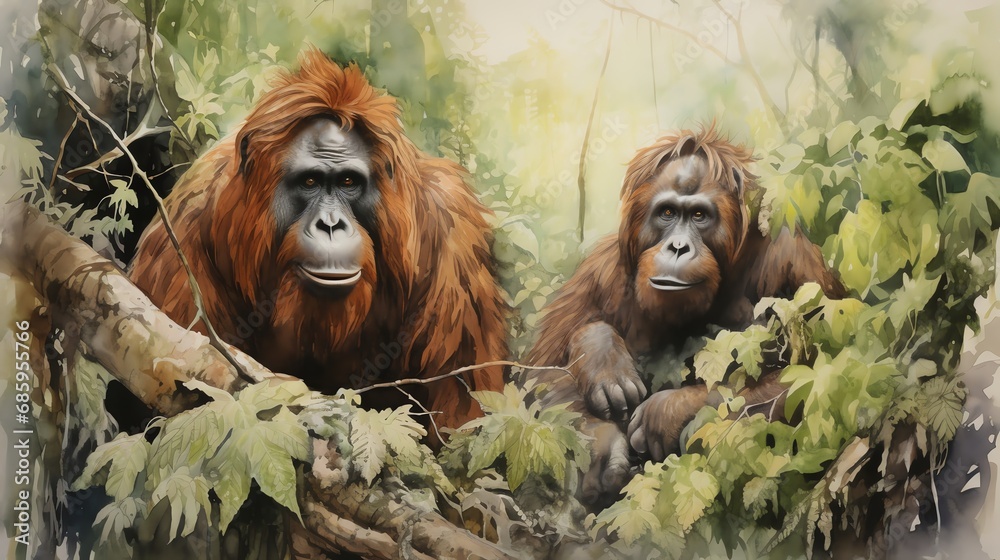 orangutan in the woods forest jungle watercolor vintage painting for wall art background wallpaper