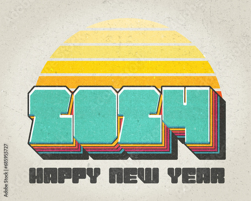 2024 Happy New Year 3d Vintage colorful text and retro sunset, distressed design
 (ID: 685955727)
