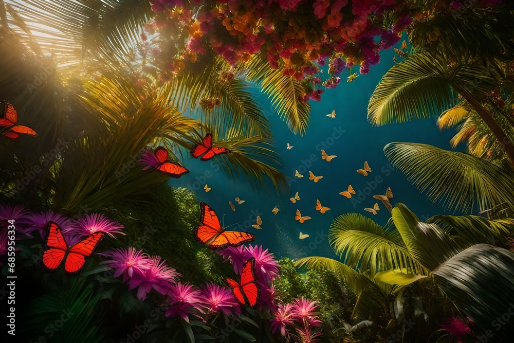 pink flowers and red butterflies at sunrise pink flowers and red butterflies at sunrise