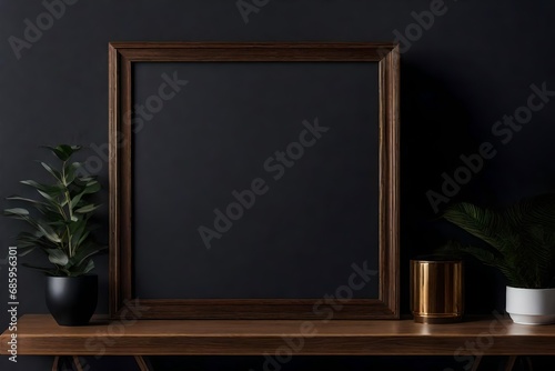 Mockup of a frame on a cabinet in a living room with a dark, empty background