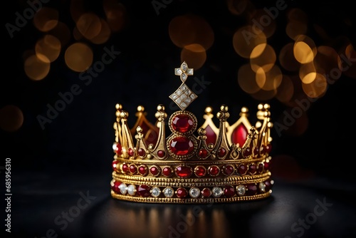 On a dark background, a crown with stones is golden and crimson