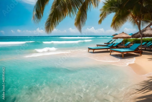 Sunbeds beach and turquoise blue sea