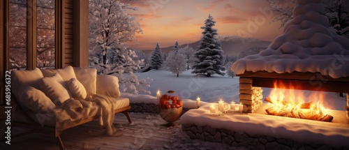 Cozy winter scene with fireplace and snow-covered landscape. Seasonal comfort and warmth. © Postproduction
