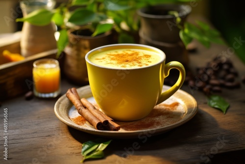 Indulge in the wellness tradition of Golden Milk (Turmeric Latte), beautifully set in a rustic morning ambiance