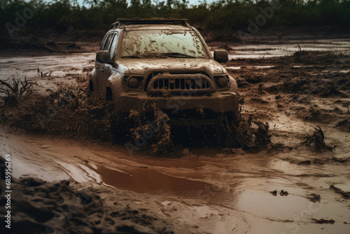 Off-road travel. The car drives through mud © Kien