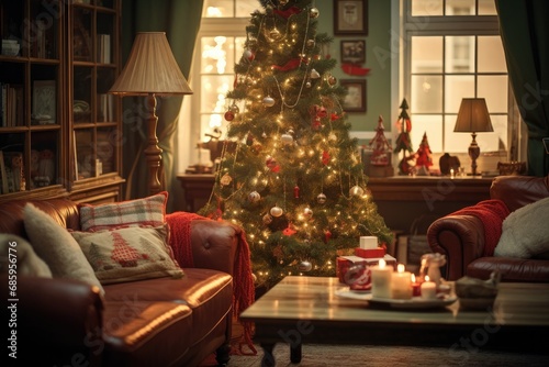 Cozy living room interior with festive Christmas tree and decorations. Holiday season comfort.