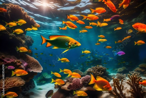 fish swimming in the aquarium of green and yellow colourand glod colour © Mulazimhussain