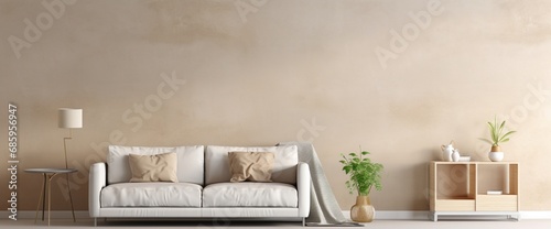 Minimalist living room interior design with beige sofa, creative metal side table and modern home accessories. Wallpaper. Copy space. Template.
