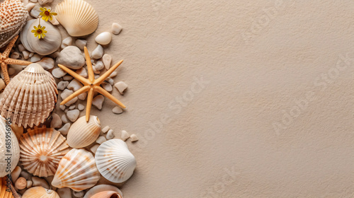 Seashells, starfish, small pebbles and daisy flower on sandy beach. Summer vacation background template. Created with Generative AI technology