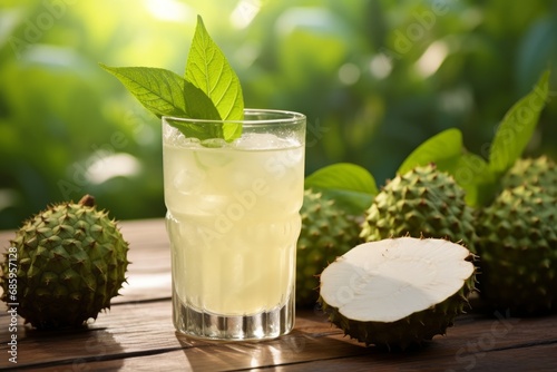 A tropical delight: A glass of freshly made soursop nectar on a wooden table bathed in sunlight photo